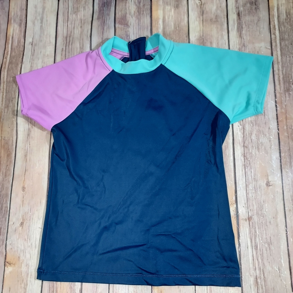Athleta Girl navy blue short sleeved rashguard swim shirt 8-10